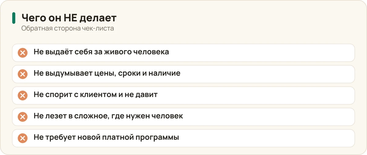 Чего хороший цифровой сотрудник не делает: не выдаёт себя за человека, не выдумывает цены и сроки, не спорит и не давит, не лезет в сложное и не требует новой платной программы.